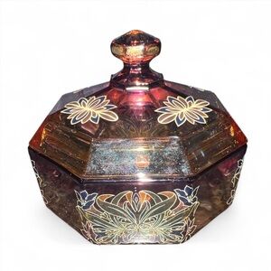 vintage arcoroc France Rare  amber glass floral Lided Candy Bowl/ Trinket Dish